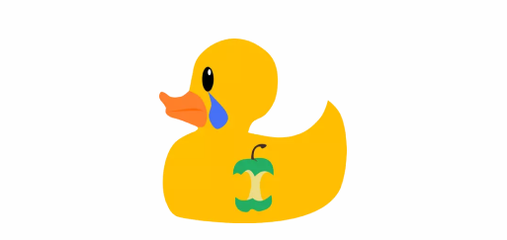 Sad looking cartoon yellow rubber duck with nf-core logo badge on it's body, with a large blue tear coming out of it's eye.