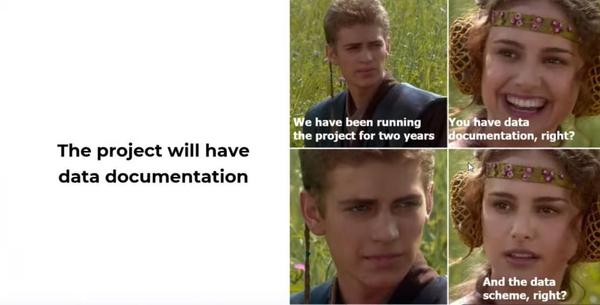 Character from star wars saying 'up to date documentation, I've not seen this in a long time'